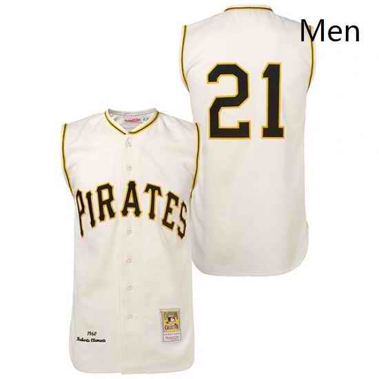 Mens Mitchell and Ness 1960 Pittsburgh Pirates 21 Roberto Clemente Replica Cream Throwback MLB Jersey